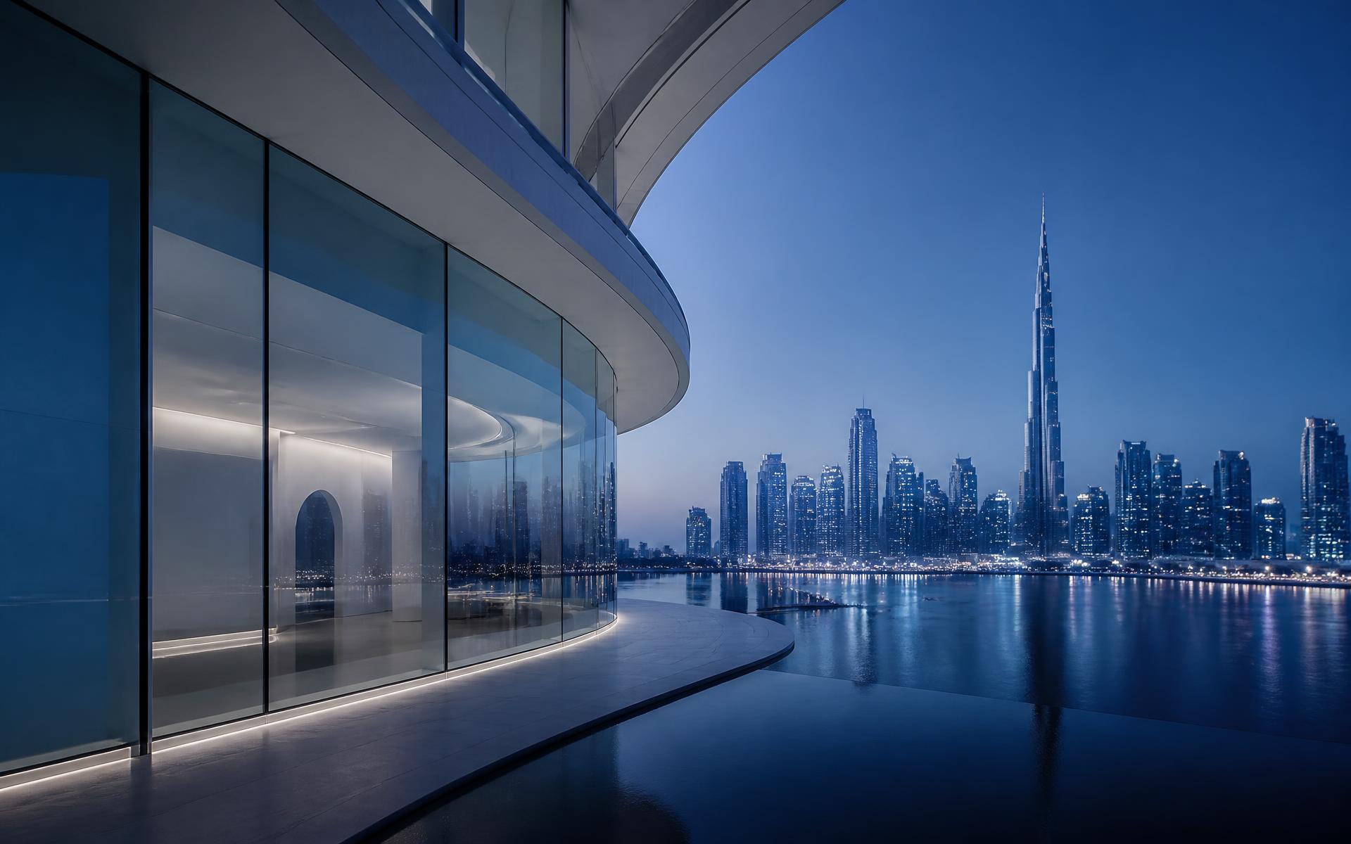 Gulf skyline at blue hour seen through a curved glass facade